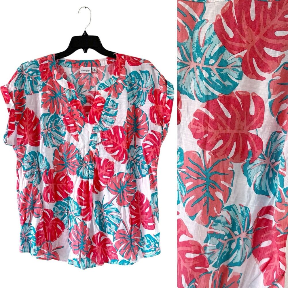 Kim Rogers Curvy Tropical Floral Palm Tunic Blouse Top Shirt V-Neck Plus 1X